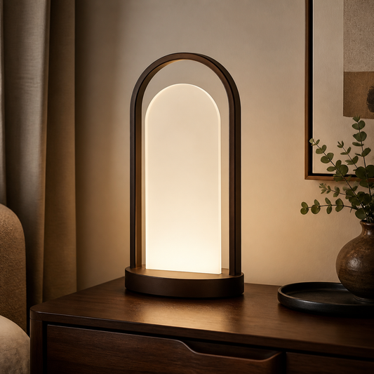 Elvaruneo Arc Halo Table Lamp in a warm ambient home setting