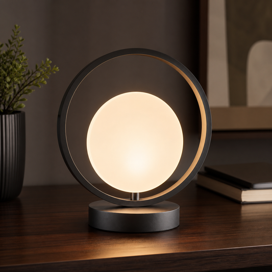 Elvaruneo Orbit Glow Desk Lamp in a warm ambient home setting